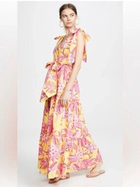 Banjanan Carnation Flamingo Cotton Maxi Dress XS Pink Yellow Tropical